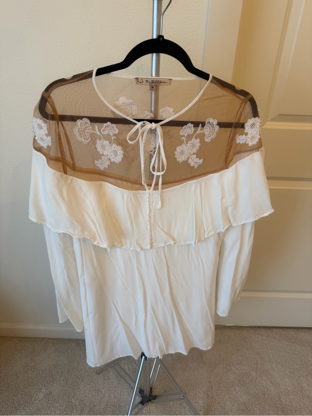 For Love & Lemons White Blouse with Brown Sheer Yoke and Embroidery